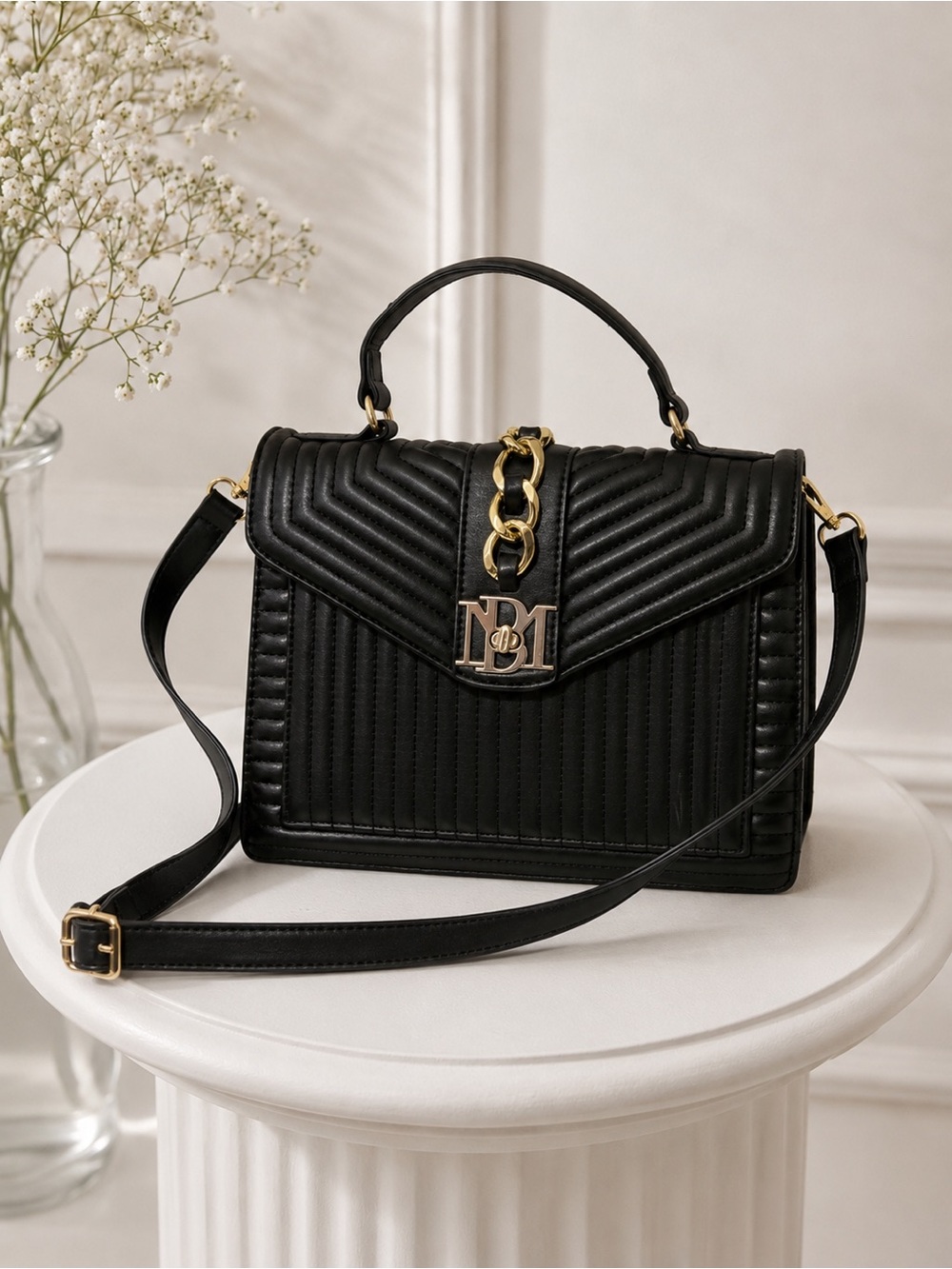Badgley Mischka Black Quilted Satchel with Gold Chain Accent